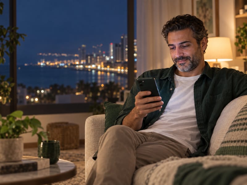 Man on a sofa at night reading a message on his phone, city lights behind him